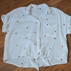 Fruit Embroidery White Tie-Front Button Down Shirt
